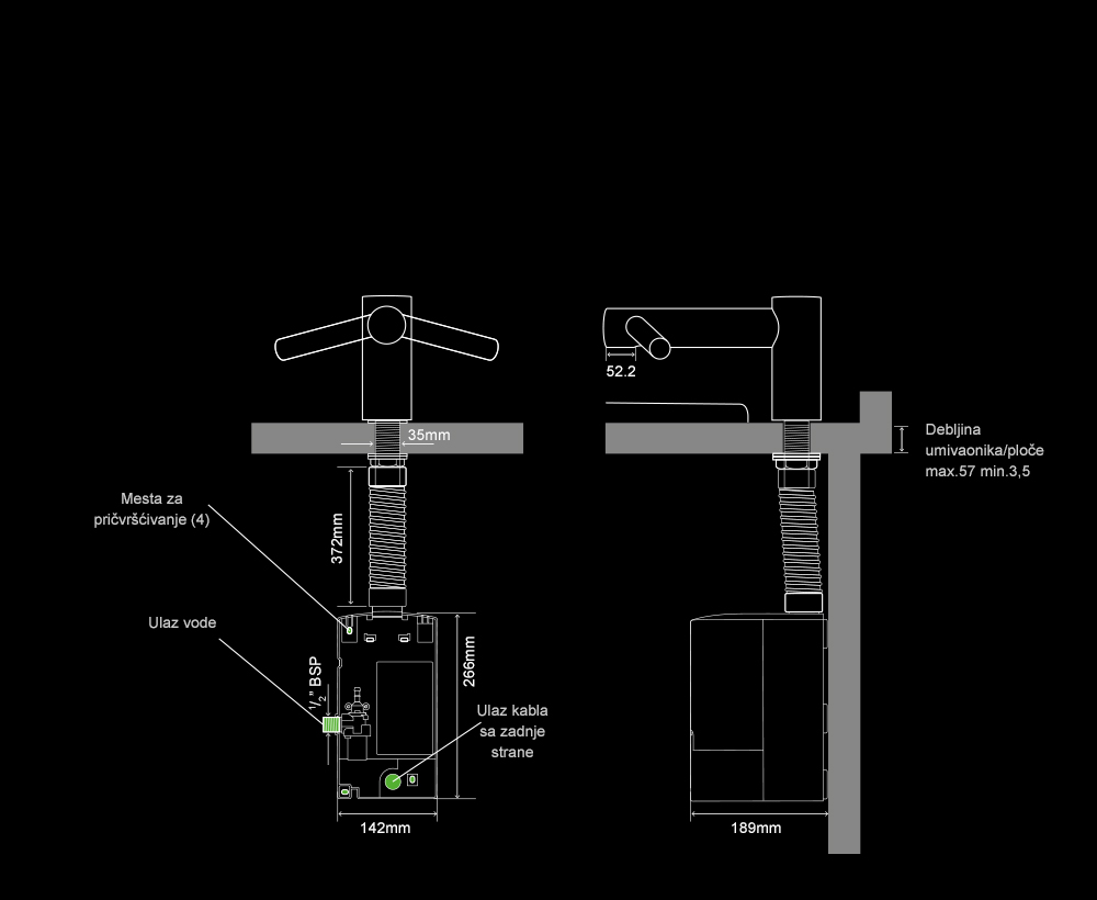 Dyson Airblade Tap Short (īsais modelis) roku žāvētāja uzbūves specifikācija