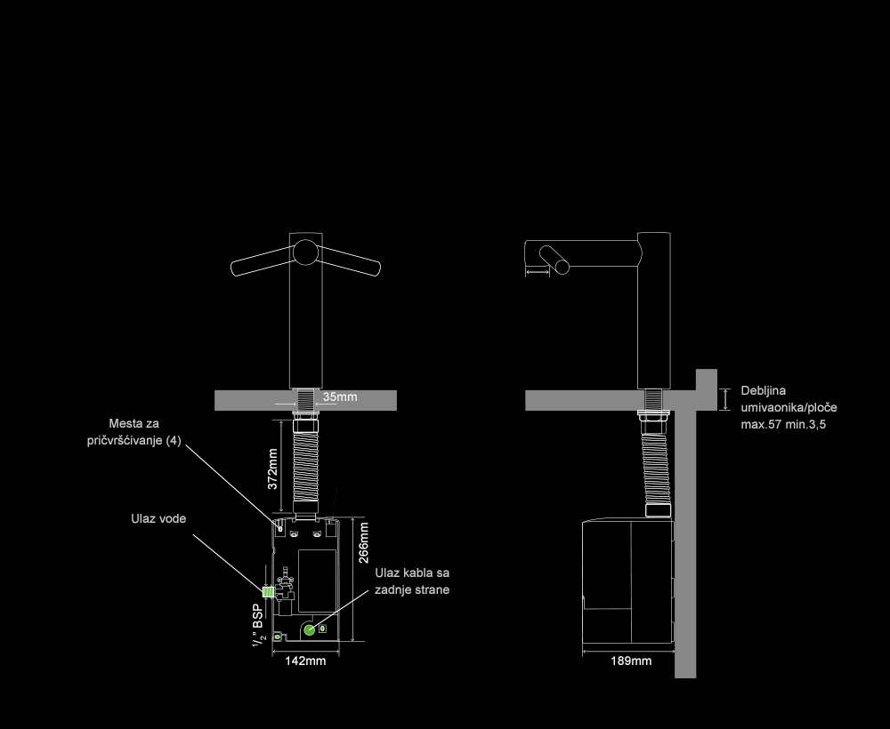 Dyson Airblade Tap Long (garais modelis) roku žāvētāja uzbūves specifikācija